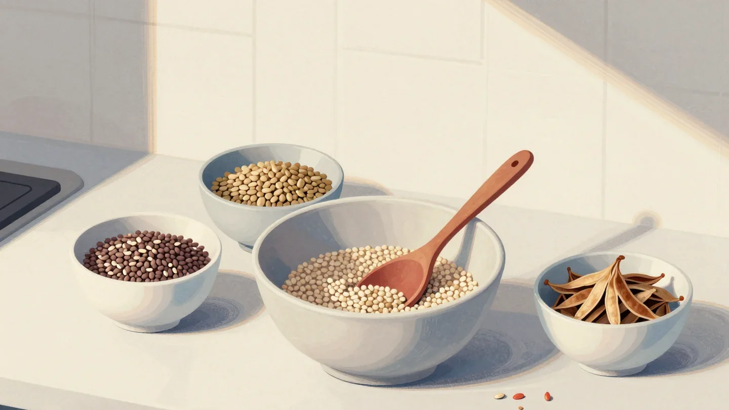 Gouache painting of three bowls of seeds beside a mixing bowl with a vermilion wooden spoon