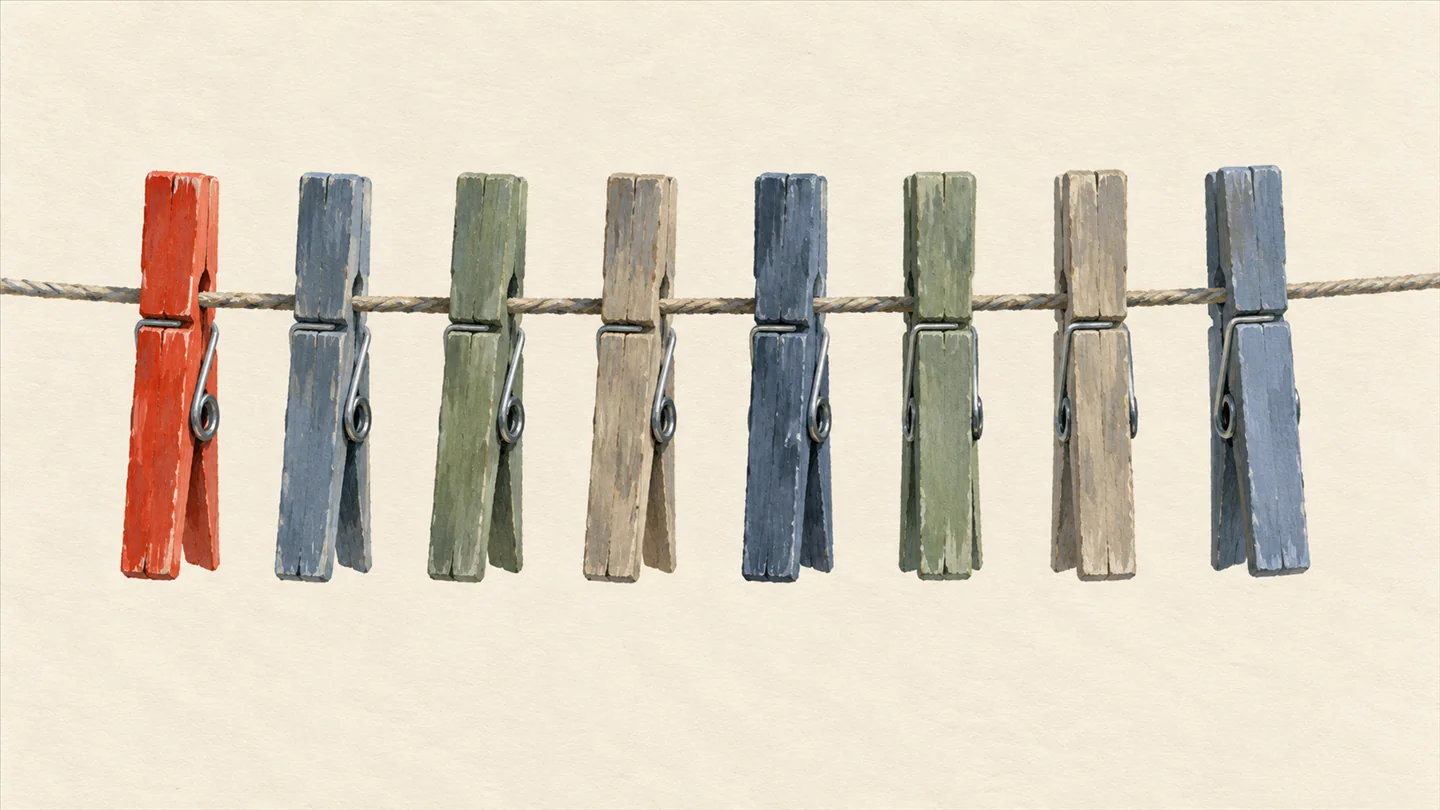 Gouache painting of eight wooden clothes pegs clipped in an even row along a taut washing line, slate blue and warm grey, with the first peg painted vermilion