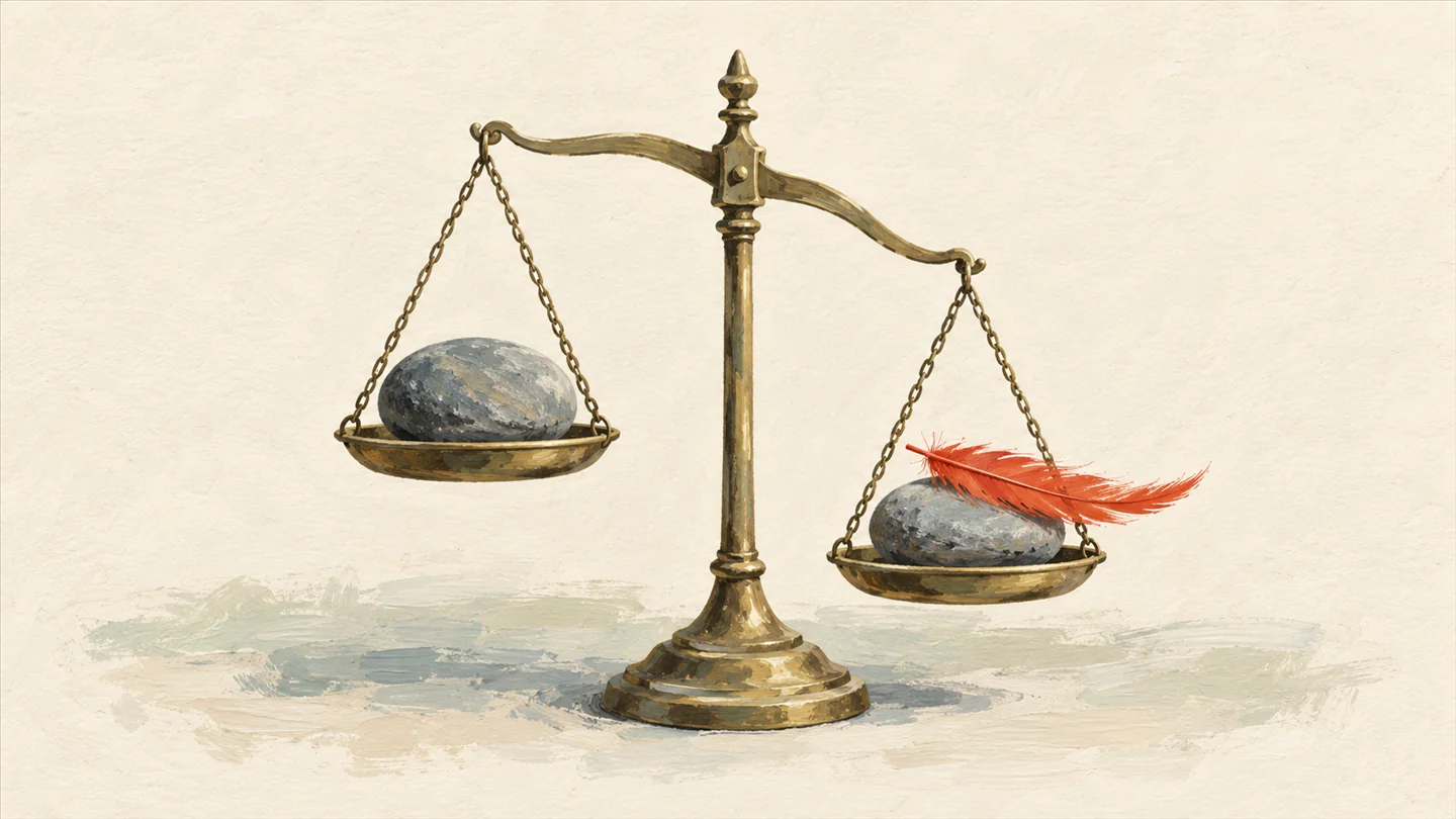 Gouache painting of a small brass balance scale with two equal grey stones on its pans and a single vermilion feather laid on one pan, tipping it down