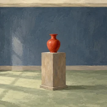 Gouache painting of a single wooden pedestal standing alone in the middle of an empty gallery room, slate-blue walls and a sage-green floor, with one vermilion vase on top