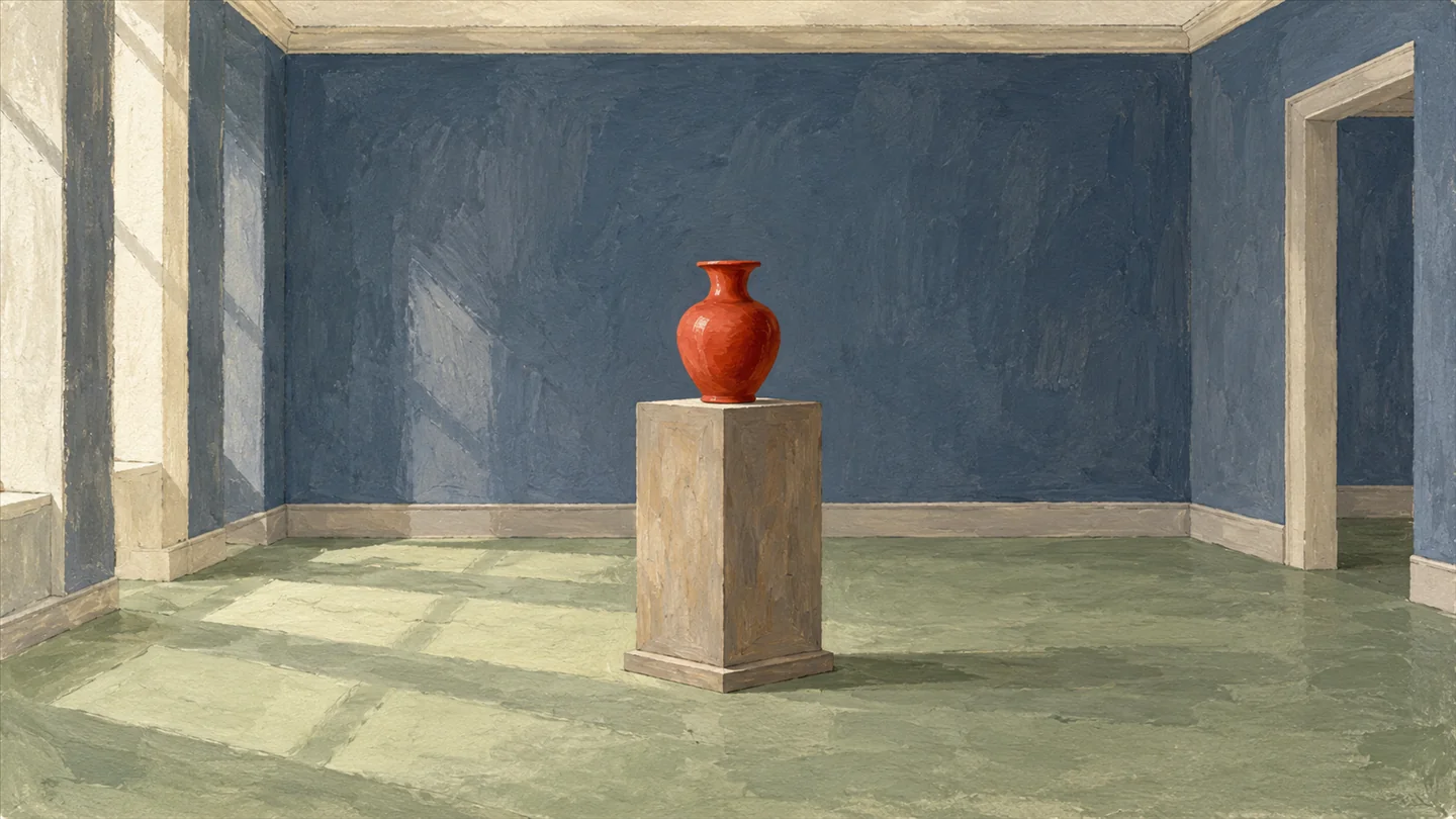 Gouache painting of a single wooden pedestal standing alone in the middle of an empty gallery room, slate-blue walls and a sage-green floor, with one vermilion vase on top