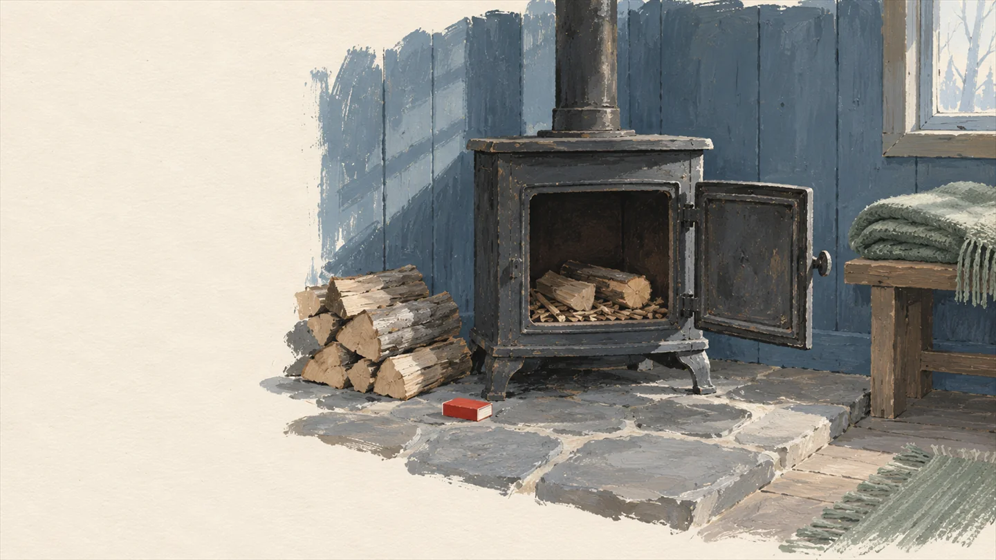 Gouache painting of a cold cast-iron stove in a quiet cabin, kindling laid but unlit, with one vermilion box of matches on the hearth