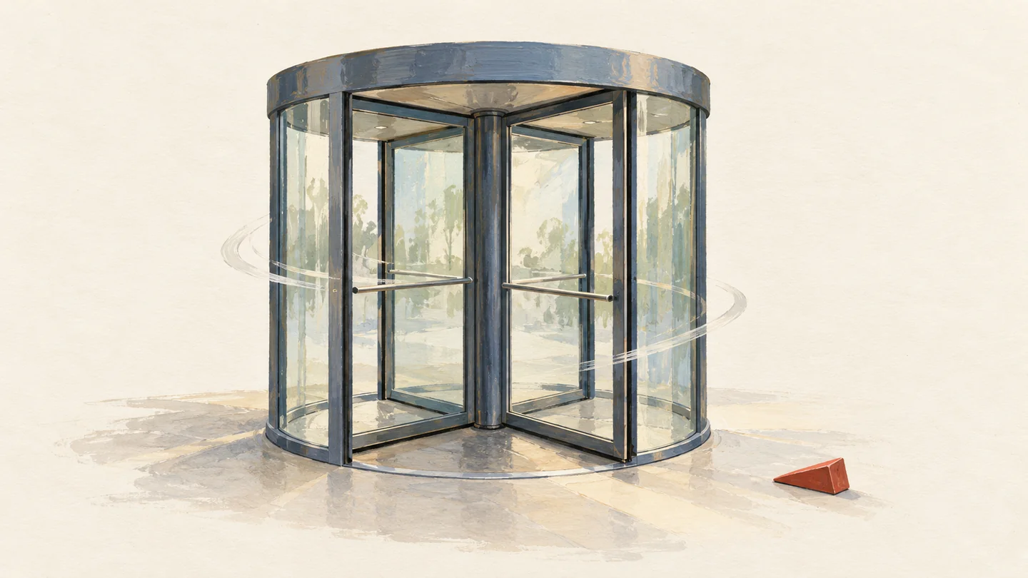 Gouache painting of the same small revolving door model standing free, with the vermilion wedge lying on the ground beside it