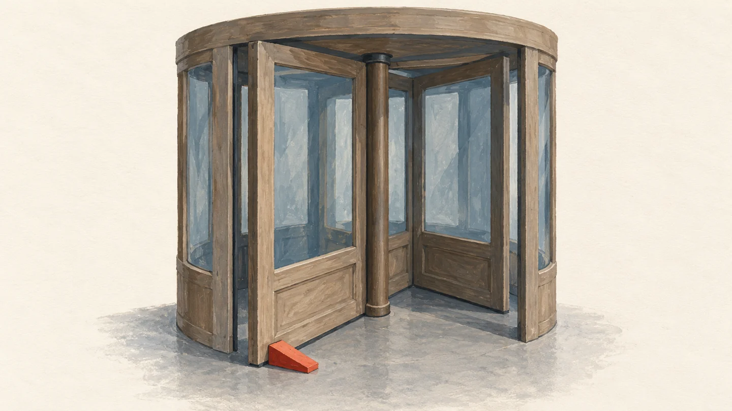Gouache painting of a small wooden revolving door model stopped by a single vermilion wedge jammed beneath one panel