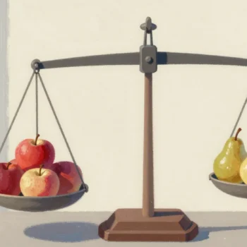 Gouache painting of a balance scale tipping toward a vermilion basket of apples against a few pears