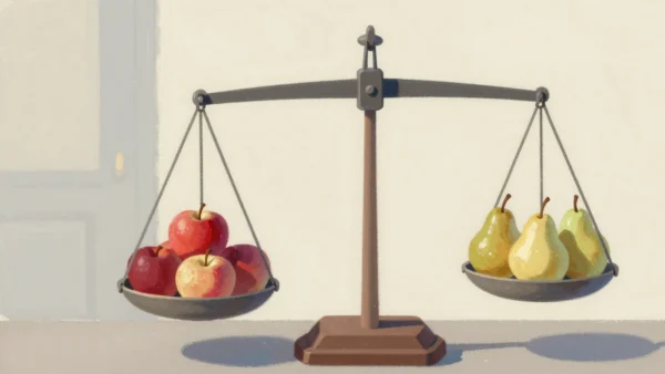 Gouache painting of a balance scale tipping toward a vermilion basket of apples against a few pears