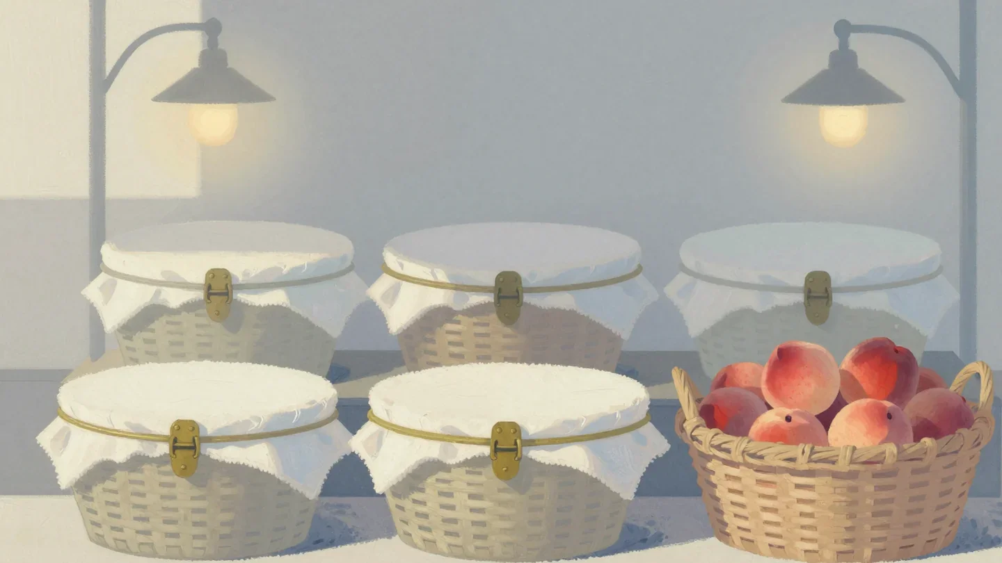 Gouache painting of a row of fruit baskets, three covered and clasped and one open vermilion basket of peaches