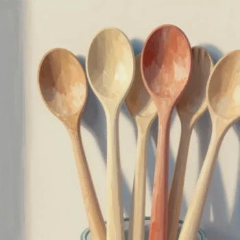 Gouache painting of five wooden spoons standing in a jar, the tallest with a reddish vermilion-stained bowl and handle