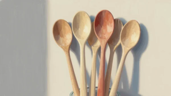 Gouache painting of five wooden spoons standing in a jar, the tallest with a reddish vermilion-stained bowl and handle