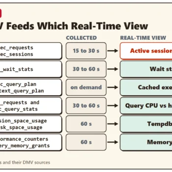 Table-style diagram that connects each DMV source to the real-time view it feeds, with how often it is collected: sessions and blocking, wait stat deltas, cached execution plans, query CPU against the historical average, tempdb pressure and memory pressure