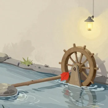Gouache painting of a slow mill wheel at a stream with a stick, a stone and leaves blocking it, one leaf vermilion