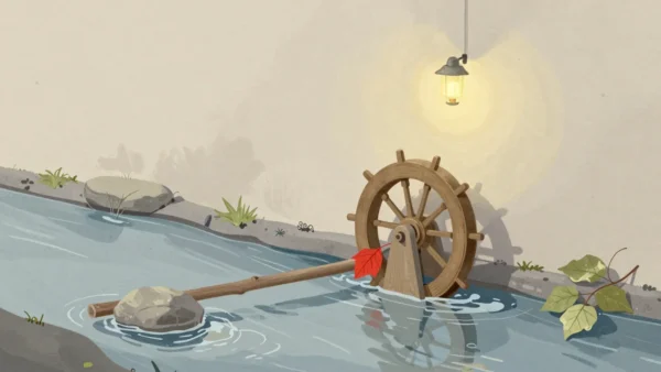 Gouache painting of a slow mill wheel at a stream with a stick, a stone and leaves blocking it, one leaf vermilion