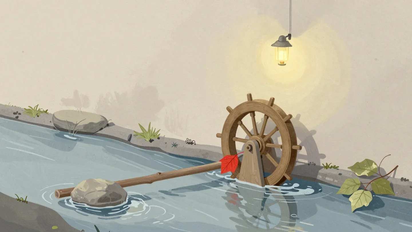 Gouache painting of a slow mill wheel at a stream with a stick, a stone and leaves blocking it, one leaf vermilion