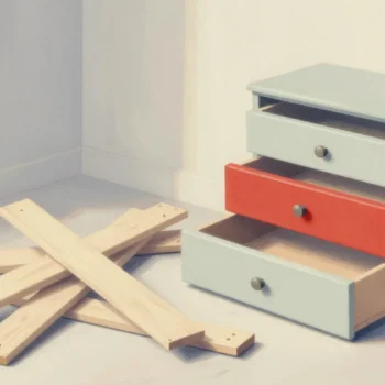 Gouache painting of a small chest with one vermilion drawer open beside a pile of wooden planks