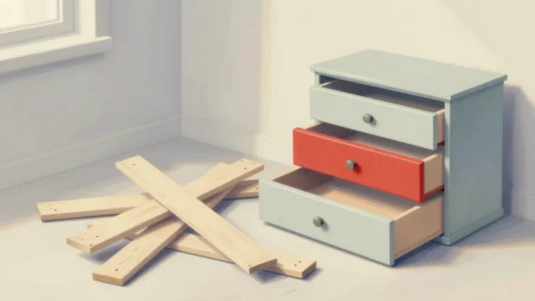 Gouache painting of a small chest with one vermilion drawer open beside a pile of wooden planks