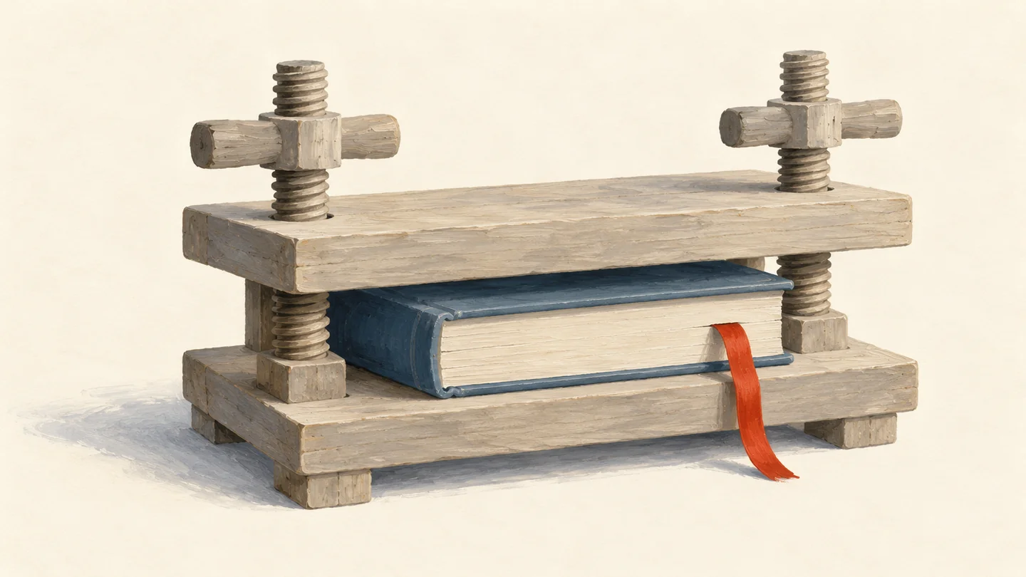 Gouache painting of a small wooden bookbinding press holding a closed book, a vermilion bookmark ribbon hanging from its pages
