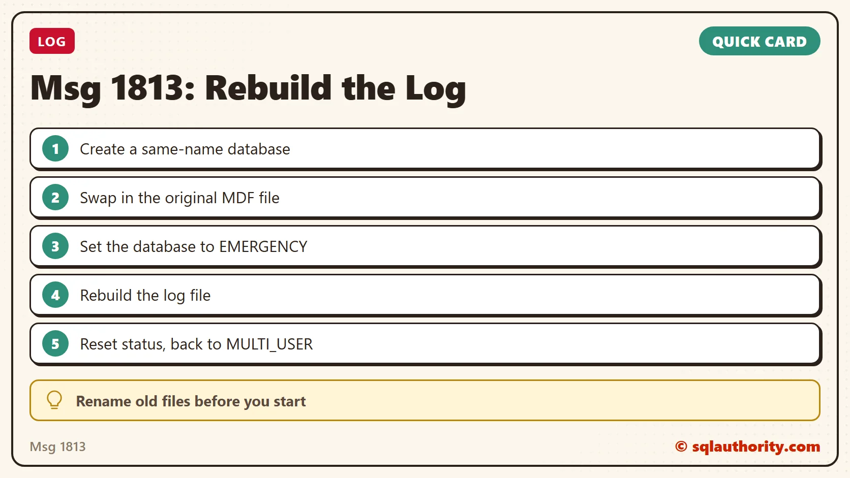 Quick reference card: Msg 1813: Rebuild the Log