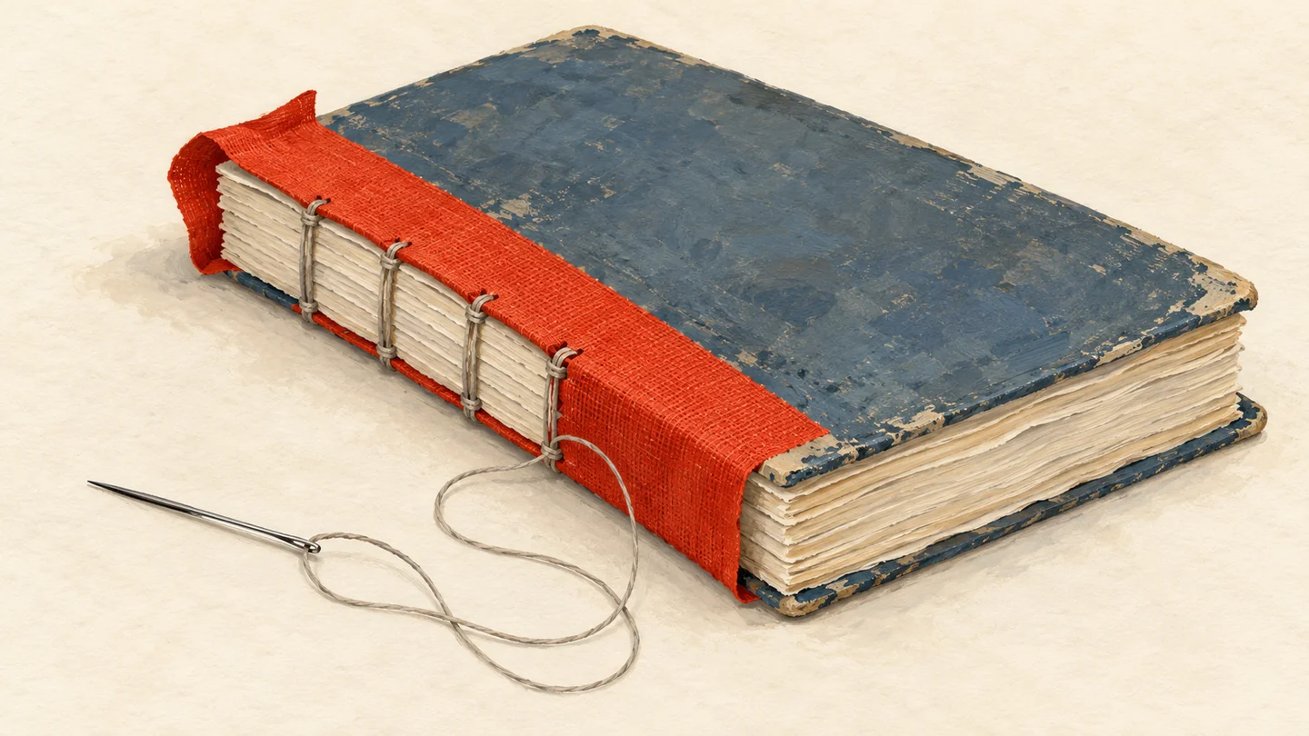 Gouache painting of an old cream ledger book with a fresh vermilion cloth spine being stitched on, a needle and thread lying beside it