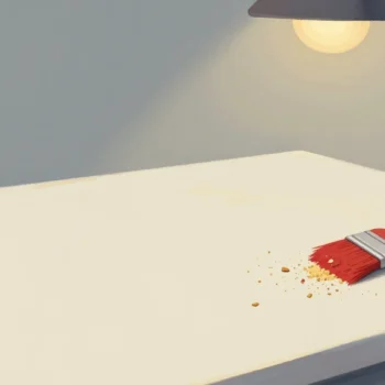 Gouache painting of a bakery board half clean and half crumbs with a vermilion pastry brush