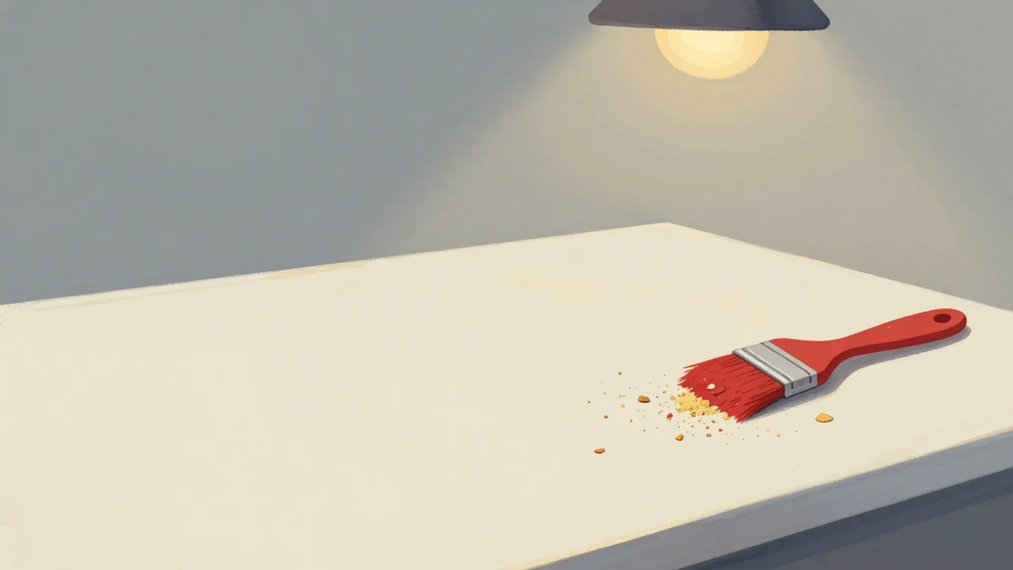 Gouache painting of a bakery board half clean and half crumbs with a vermilion pastry brush