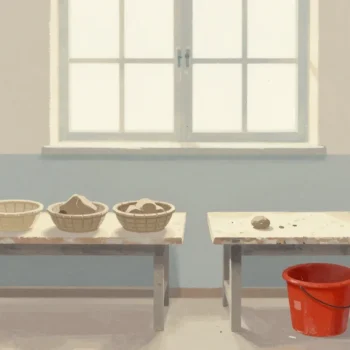 Gouache painting of two pottery benches, one cluttered with kept clay scraps and one swept clean beside a vermilion bucket