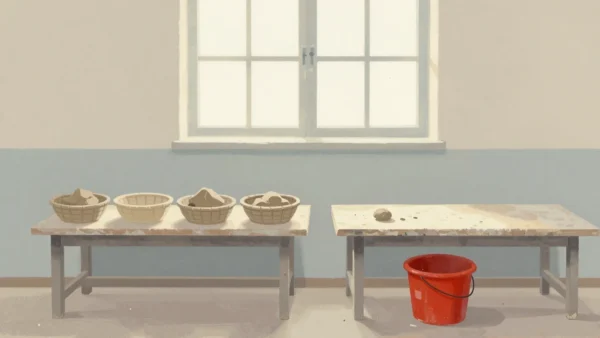 Gouache painting of two pottery benches, one cluttered with kept clay scraps and one swept clean beside a vermilion bucket