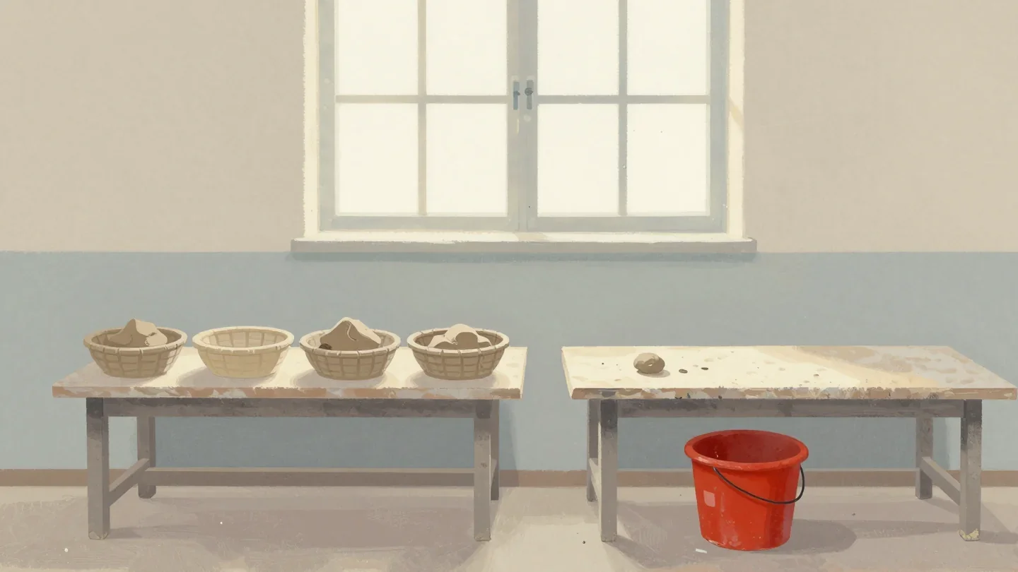 Gouache painting of two pottery benches, one cluttered with kept clay scraps and one swept clean beside a vermilion bucket