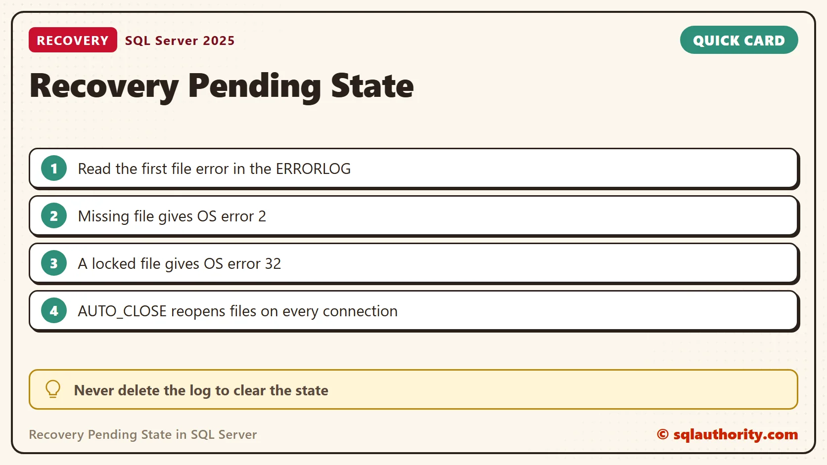 Quick reference card: Recovery Pending State in SQL Server: Find Why Databases Go There at Random