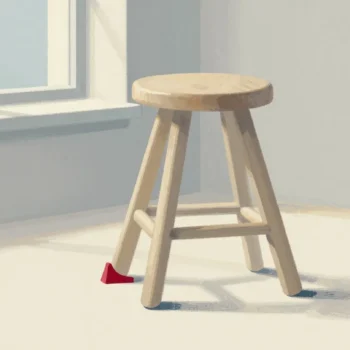 Gouache painting of a three-legged stool with a vermilion wedge under its short leg