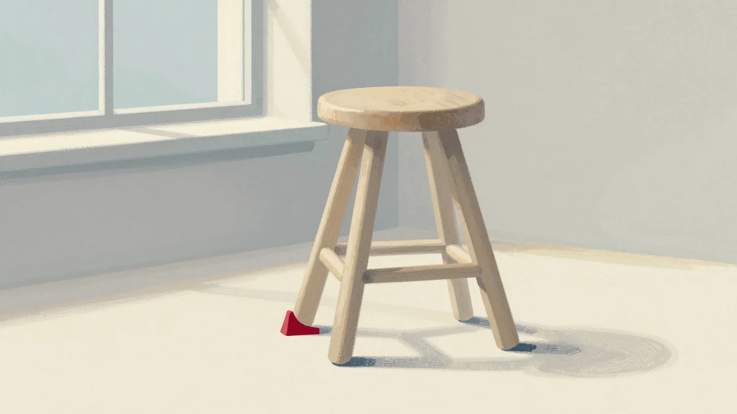 Gouache painting of a three-legged stool with a vermilion wedge under its short leg