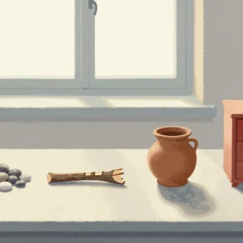 Gouache painting of a row of pebbles, a notched stick, a clay pot and a small red cabinet of drawers on a table