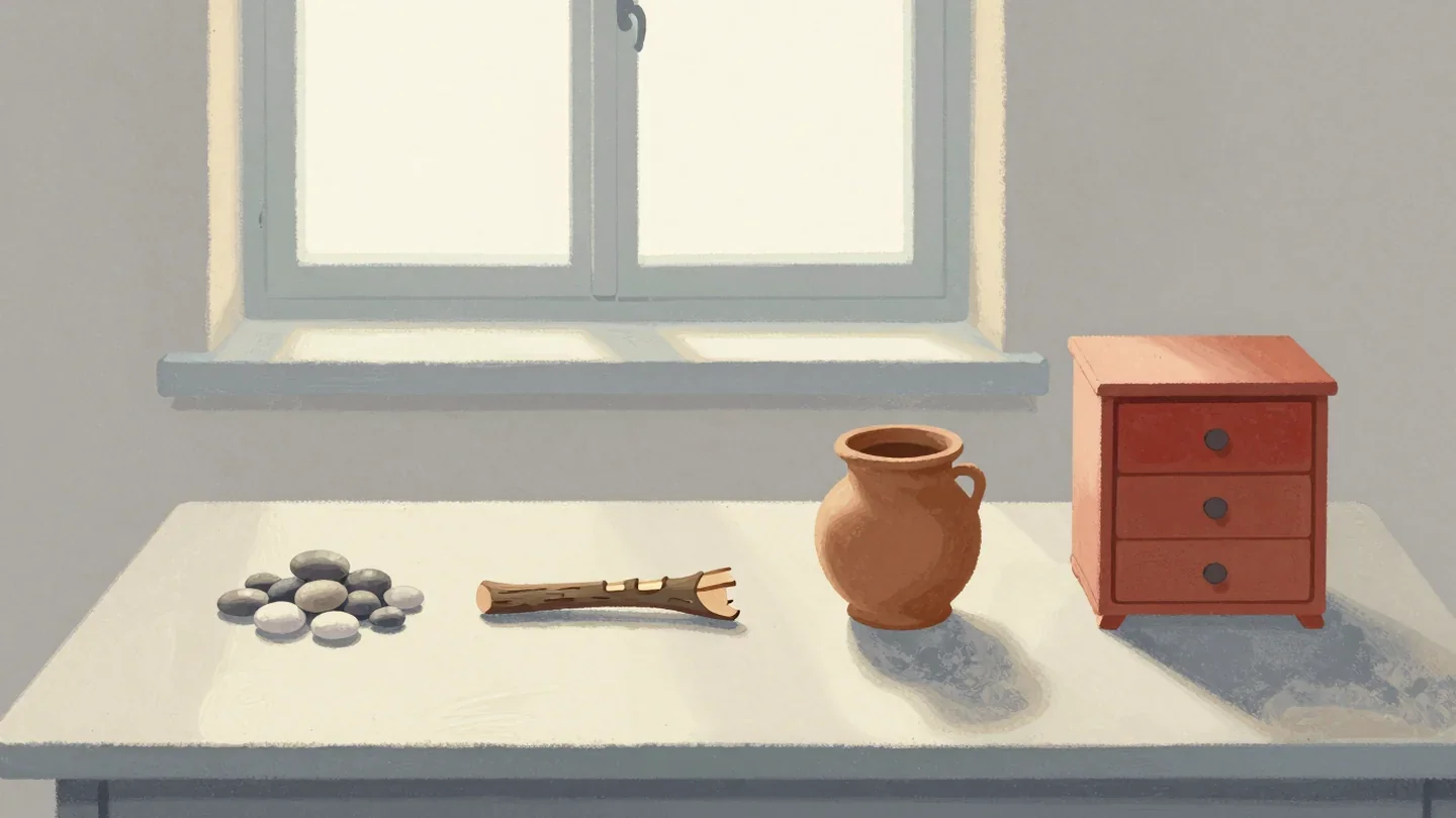 Gouache painting of a row of pebbles, a notched stick, a clay pot and a small red cabinet of drawers on a table