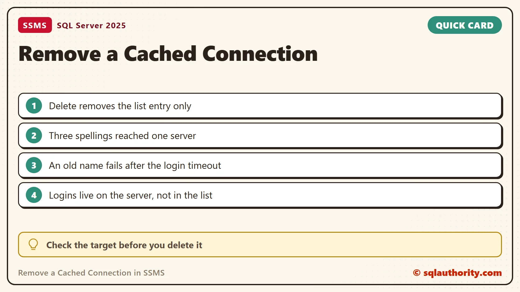 Quick reference card: Remove a Cached Connection in SSMS: SQL in Sixty Seconds #049