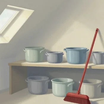 Gouache painting of attic shelves with a few shiny pots, many dusty ones and a vermilion broom leaning on the shelf