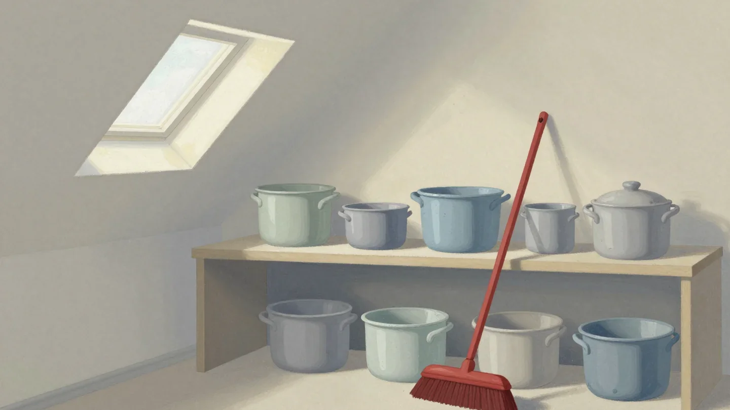 Gouache painting of attic shelves with a few shiny pots, many dusty ones and a vermilion broom leaning on the shelf