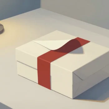 Gouache painting of a plain gift box with a vermilion sticker being peeled off