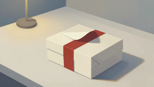 Gouache painting of a plain gift box with a vermilion sticker being peeled off
