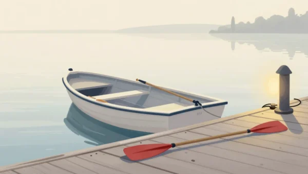 Gouache painting of a rowboat with two oars and a spare pair on the dock, one spare oar vermilion