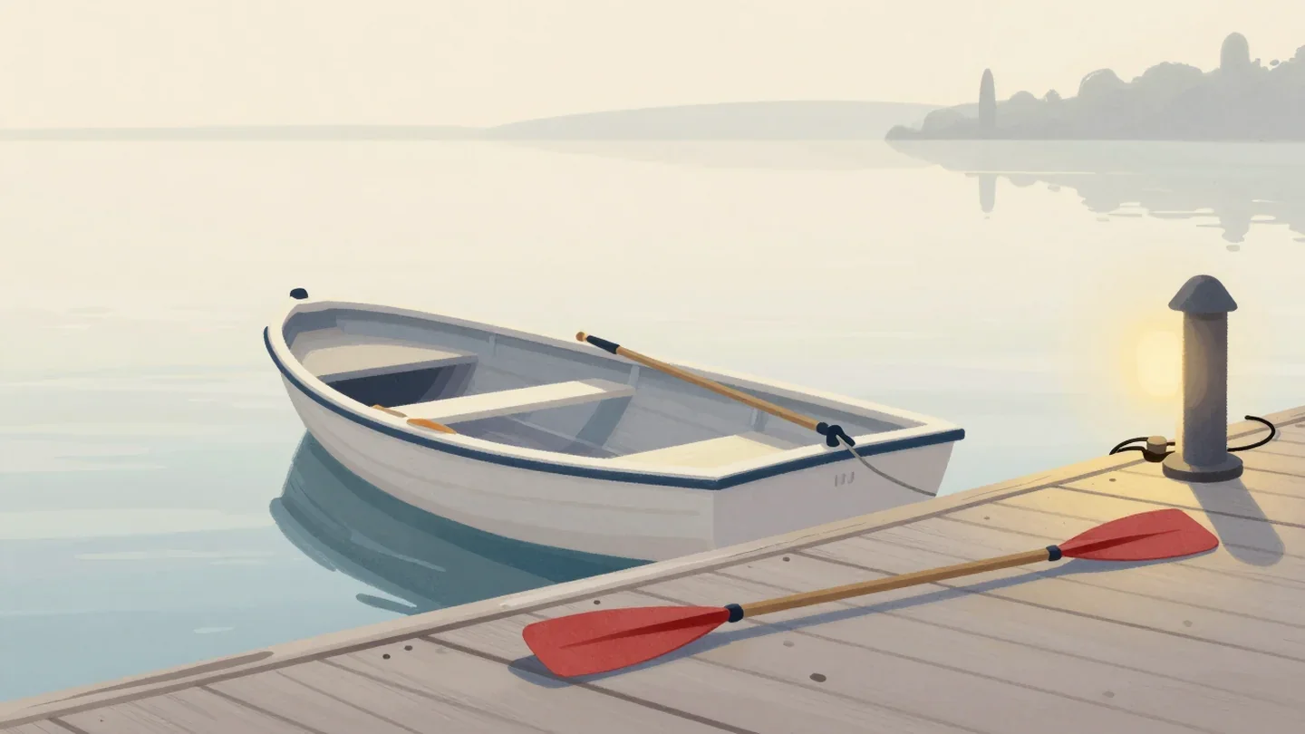 Gouache painting of a rowboat with two oars and a spare pair on the dock, one spare oar vermilion