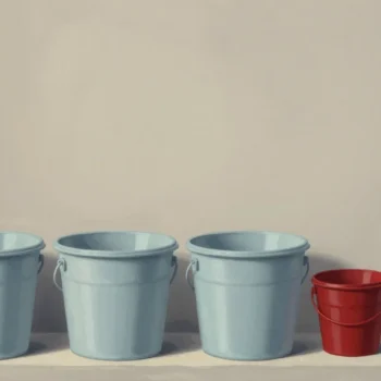 Gouache painting of a shelf with one vermilion bucket and four more stacked aside