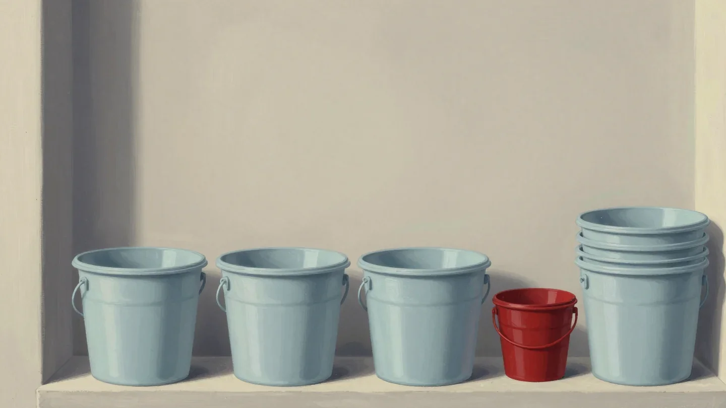 Gouache painting of a shelf with one vermilion bucket and four more stacked aside