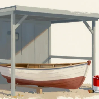 Gouache painting of a wooden boat with a bare stern panel and a pot of red paint with a brush waiting beside it
