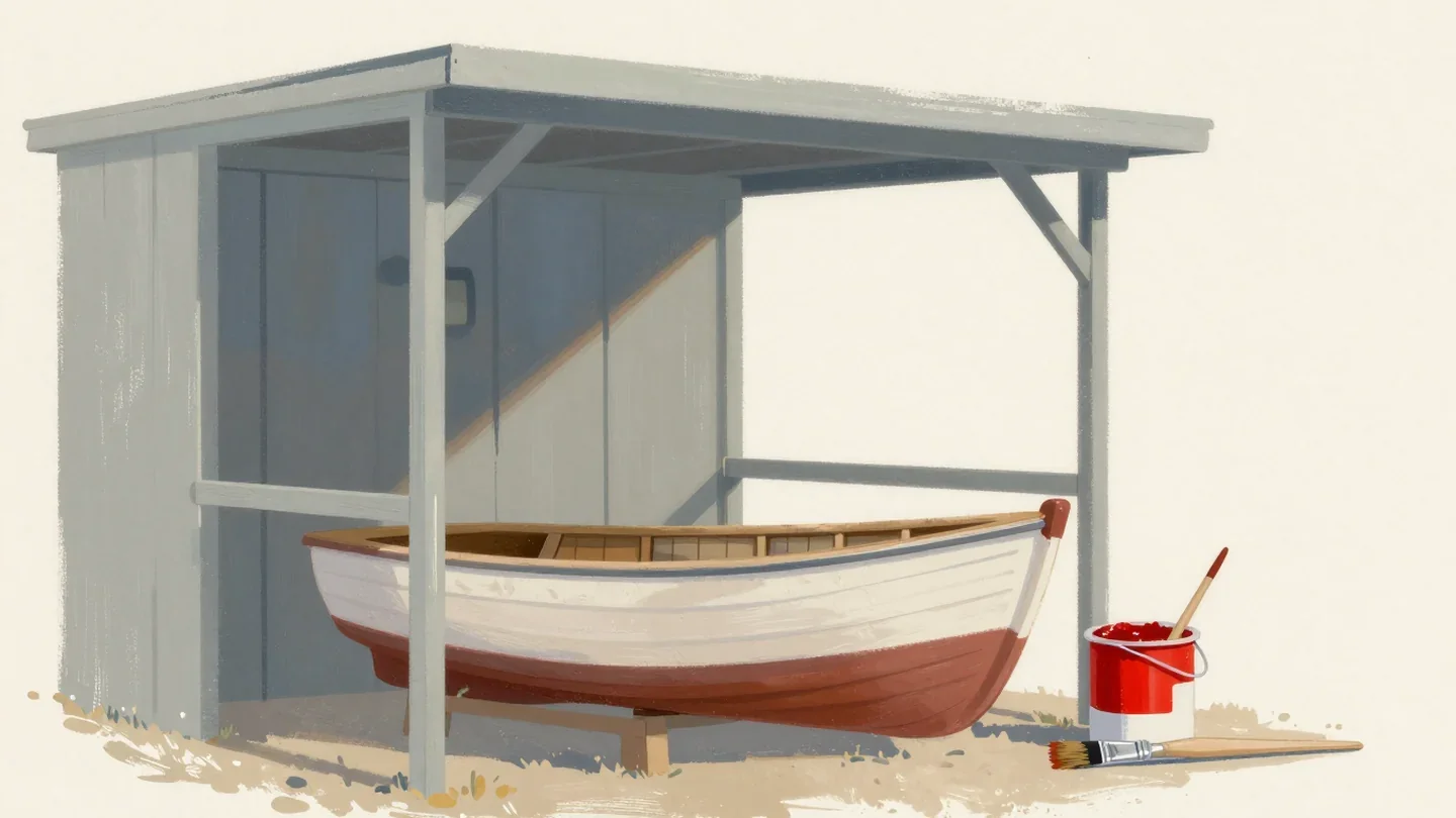Gouache painting of a wooden boat with a bare stern panel and a pot of red paint with a brush waiting beside it