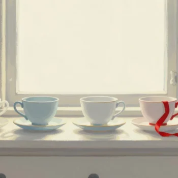 Gouache painting of a row of teacups with cream ribbons and one cup with a vermilion ribbon