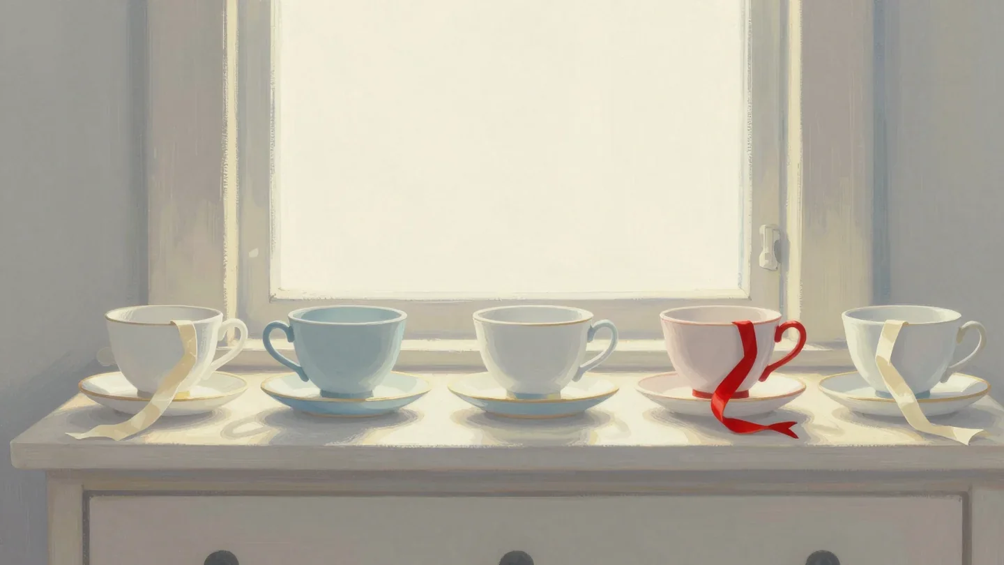 Gouache painting of a row of teacups with cream ribbons and one cup with a vermilion ribbon