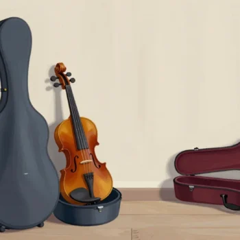 Gouache painting of a violin lying in an oversized cello case beside an empty vermilion violin case