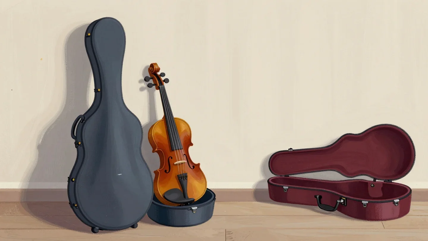 Gouache painting of a violin lying in an oversized cello case beside an empty vermilion violin case