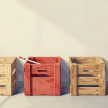 Gouache painting of a row of wooden crates with one repainted in vermilion and a brush on its rim
