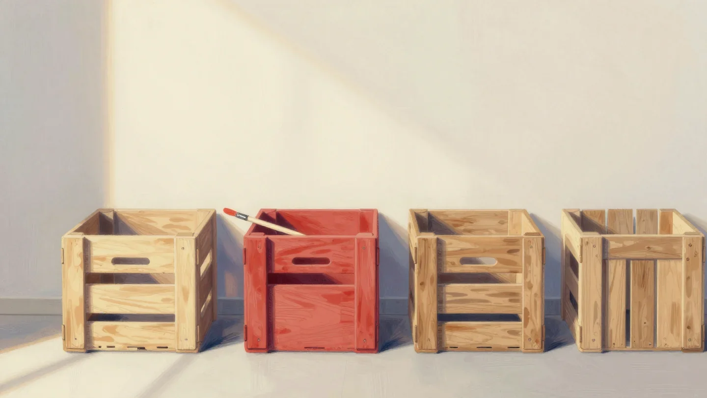 Gouache painting of a row of wooden crates with one repainted in vermilion and a brush on its rim