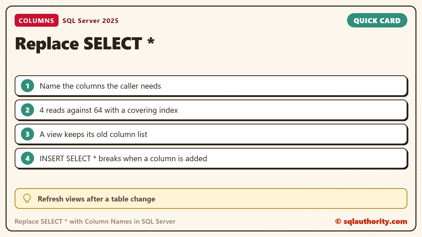 Quick reference card: Replace SELECT * with Column Names in SQL Server: SQL in Sixty Seconds #017
